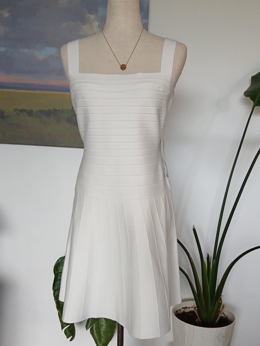 NWT bebe Off-White Square Neck Fit And Flare Drop Waist Mini Dress Sz L